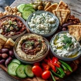 Colorful Mediterranean brunch board featuring hummus, baba ganoush, and tzatziki with cherry tomatoes, cucumbers, and warm flatbread pieces.
