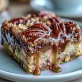 Golden-brown Decadent Sweet and Chewy Turtle Bars with caramel drizzle and toasted pecans on a rustic wooden board.