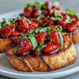 Strawberry Balsamic Bruschetta with grilled sourdough, a fresh, vibrant appetizer delight.