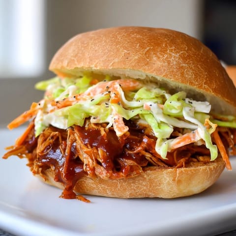 A close-up of a delicious BBQ chicken sandwich with a view of tender chicken and vibrant slaw.