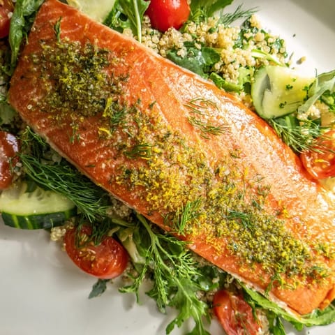 A close-up of glazed salmon fillet resting on a hearty quinoa and herb salad, with cherry tomatoes and a lemon wedge nearby.  