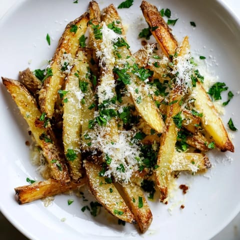 Crispy homemade Truffle Parmesan Fries topped with freshly grated Parmesan, ready to be enjoyed as a decadent vegetarian snack.