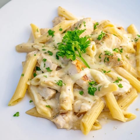 A close-up of creamy Chicken Alfredo Casserole with tender penne pasta and diced chicken coated in rich white sauce.
