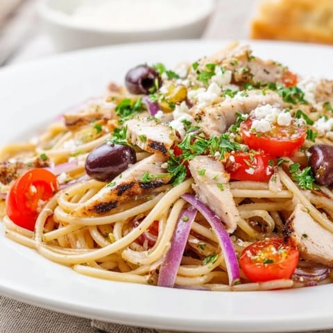Greek Chicken Spaghetti with juicy grilled chicken, briny olives, and creamy feta on a rustic plate.