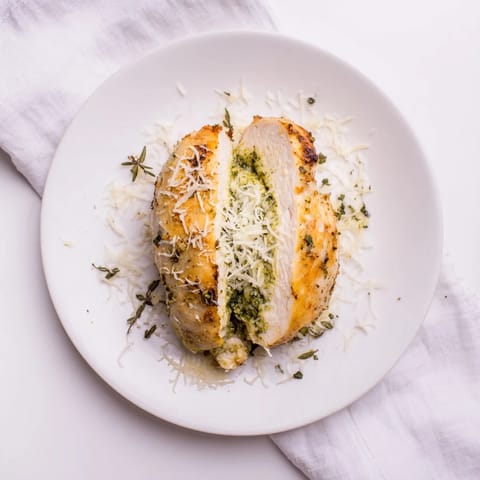 Golden-baked Mozzarella & Pesto Stuffed Chicken breasts reveal melted cheese and bright green pesto filling.
