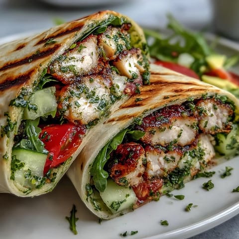 Savory chimichurri chicken salad wrap with sliced cucumbers, juicy tomatoes, and zesty herb sauce packed into a warm tortilla.
