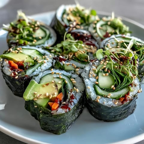 A close-up of sliced Nori Rolls with Vegetables revealing colorful layers of fresh carrots and bell peppers on a platter.