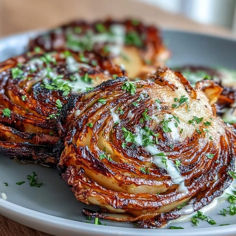 Golden roasted cabbage steaks with caramelized edges, drizzled with creamy tahini sauce and fresh parsley.