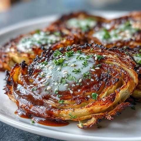 Savory vegan roasted cabbage steaks, seasoned with cumin and paprika, served warm with lemon wedges.