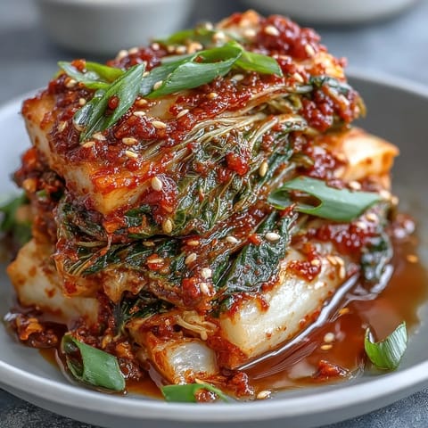 Spicy kimchi, a healthy Korean side dish bursting with probiotics and savory umami.