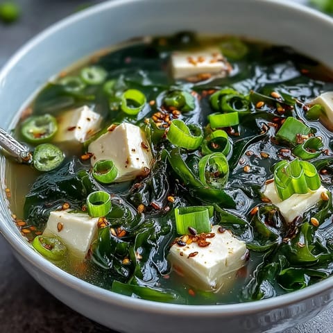 Tender wakame seaweed and silken tofu swim in a warm, savory dashi broth, perfect for a nourishing appetizer.