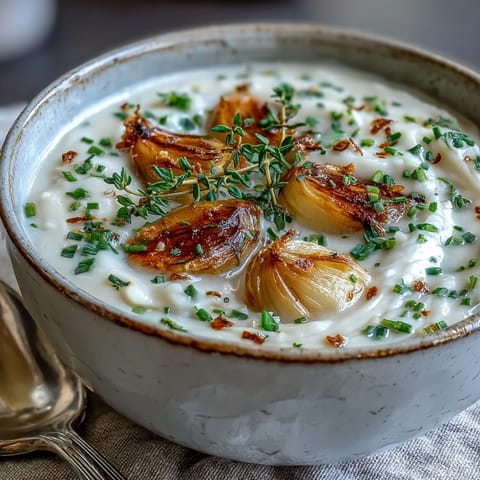 A close-up of Roasted Garlic and Herb Soup garnished with fresh chives, served with crusty bread.
