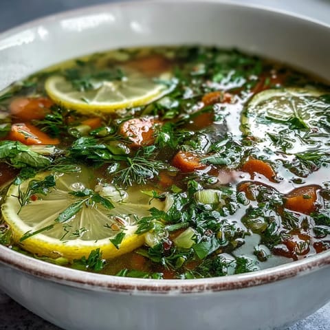 A steaming bowl of lemon herb soup topped with fresh dill and parsley leaves.  
