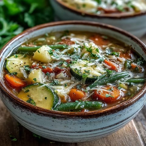 A ladle pours creamy Parmesan Veggie Soup into a white bowl, with steam rising and crusty bread on a wooden table.