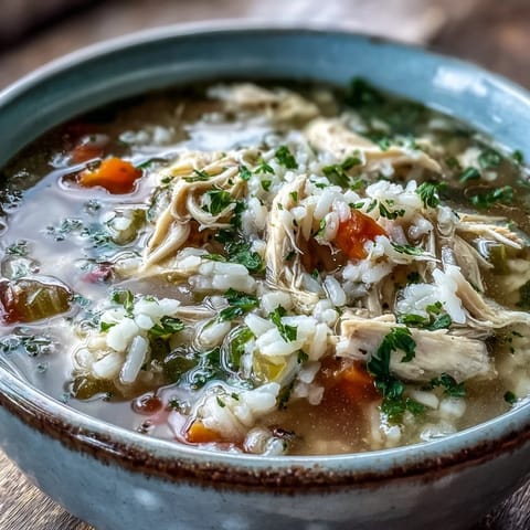 Warm, steamy Cozy Winter Chicken and Rice Soup served in a rustic bowl, garnished with fresh parsley and a lemon wedge.