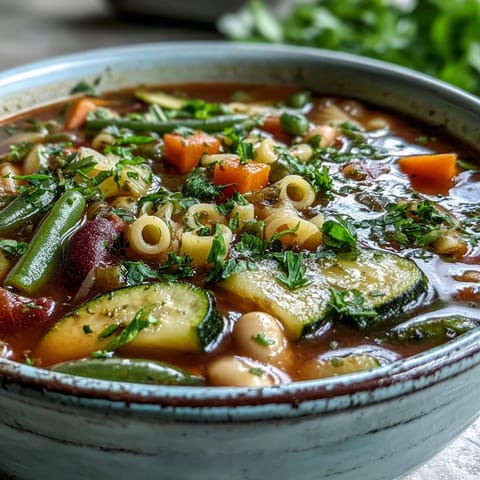 Hearty Vegetable Minestrone in a rustic ceramic bowl, garnished with fresh parsley and a slice of crusty bread.