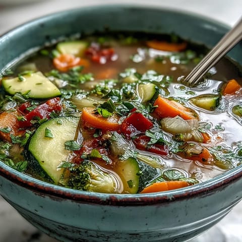 Steaming ladleful of homemade Ginger Vegetable Soup garnished with fresh cilantro and a drizzle of sesame oil.  
