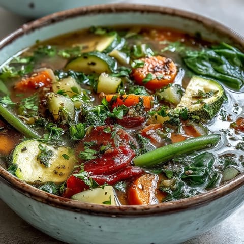 Hearty Italian Herb Vegetable Soup in a white bowl, loaded with zucchini, carrots, and spinach, garnished with fresh parsley.