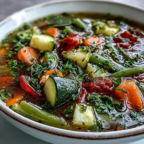 A steaming pot of Italian Herb Vegetable Soup, featuring red bell peppers and green beans, ready to be ladled into bowls.