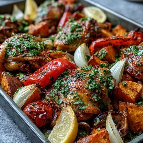 Juicy piri-piri chicken thighs roasted beside golden, tender sweet potato chunks and vibrant bell peppers in Chicken and Sweet Potato Traybake.