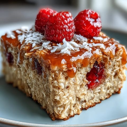 A close-up of Baked Oatmeal with Raspberry and Coconut, showcasing juicy red berries nestled in golden oats with toasted coconut flakes.