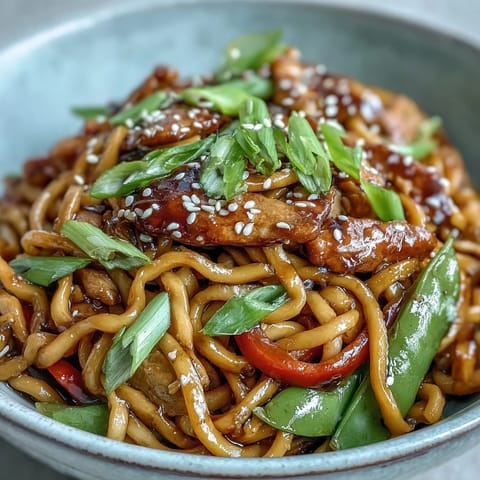 Tender pork and colorful vegetables mix with noodles and sauce in this Pork Noodle Stir-Fry in a skillet.