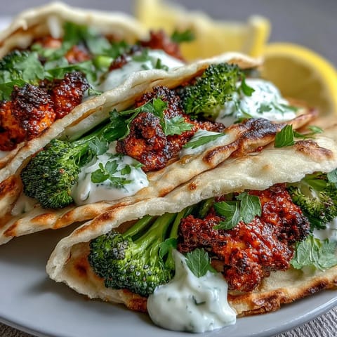 Golden, spicy harissa broccoli florets on a plate with flatbreads and lemon wedges for dinner.
