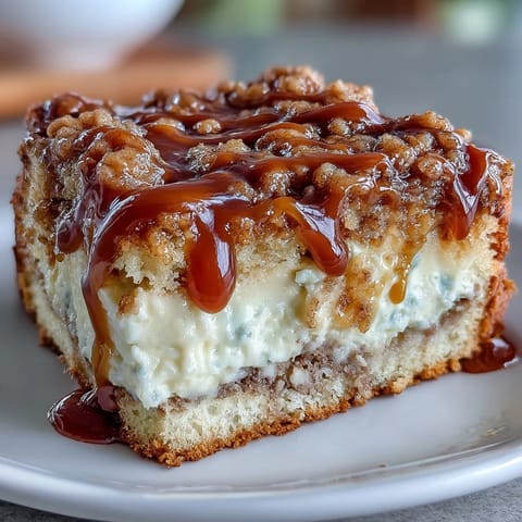 A slice of moist Caramel Cream Cheese Bread reveals a decadent cheesecake-like center and sweet caramel ribbon.