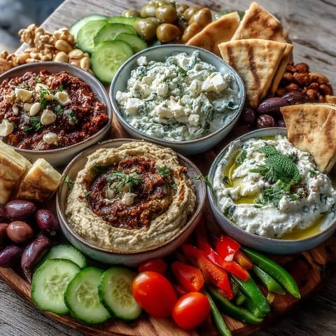 Colorful Mediterranean brunch board featuring hummus, baba ganoush, and tzatziki with cherry tomatoes, cucumbers, and warm flatbread pieces.