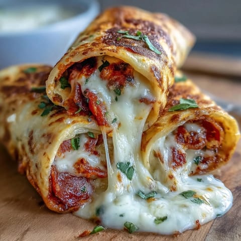 Golden-baked Tortilla Pizza Rolls with melted mozzarella, zesty tomato sauce, and sliced pepperoni on a rustic cutting board.