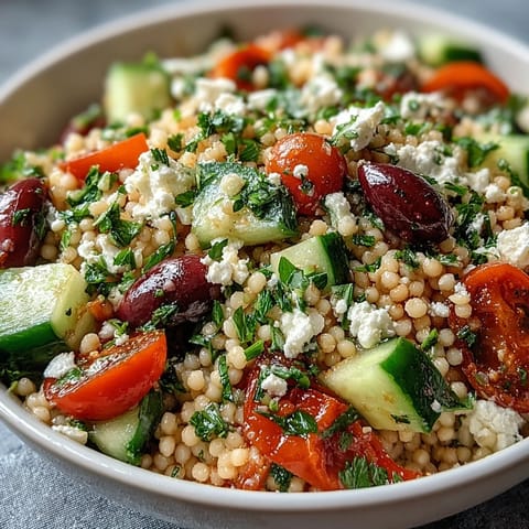 Bright Mediterranean Pearl Couscous salad with crunchy cucumber, sweet bell pepper, and briny kalamata olives in a zesty oregano vinaigrette.