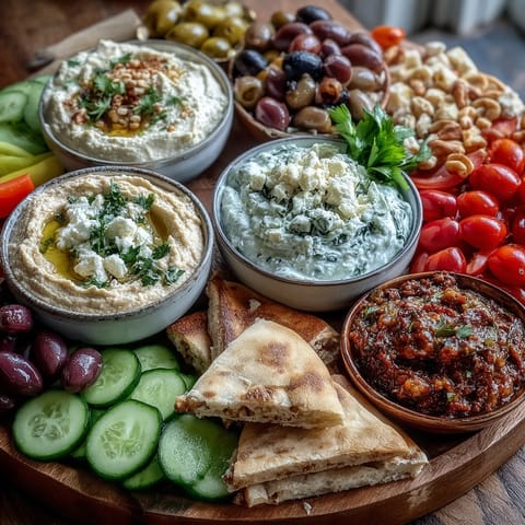 A vibrant Mediterranean brunch board with creamy hummus, smoky baba ganoush, and tangy tzatziki dips surrounded by crisp vegetables and feta.