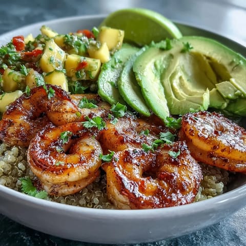 Grilled shrimp and creamy avocado slices over quinoa in a bowl, topped with zesty mango salsa and drizzled with lime chili sauce.