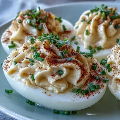 Bright yellow yolk filling in creamy Million Dollar Deviled Eggs garnished with paprika and fresh chives.