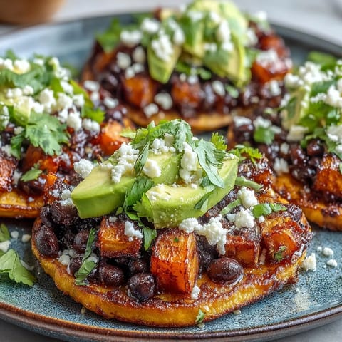 Crisp tostada shells piled high with roasted sweet potato cubes, lime-spiked black beans, and fresh avocado slices for a vibrant vegetarian lunch.