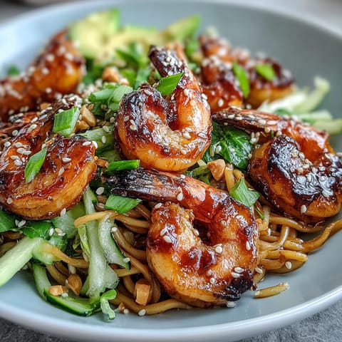 Savory grilled shrimp glisten over chilled sesame noodles, layered with crunchy sprouts, avocado slices, and chopped peanuts, ready to eat.