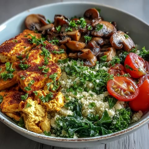 Bright golden scrambled tofu and sautéed greens sit atop fluffy whole wheat couscous in this vibrant breakfast bowl.
