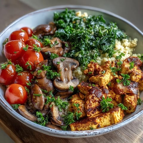 Scrambled Tofu Breakfast Bowl garnished with creamy avocado, cherry tomatoes, and fresh parsley for a protein-packed meal.