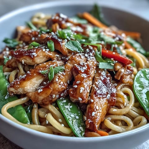 Sesame Chicken Noodle Bowl with tender chicken, crisp vegetables, and savory sesame sauce, served in a vibrant Asian-inspired dish.  