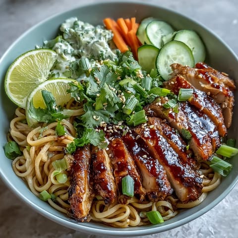 A colorful Asian chicken noodle bowl with tender chicken, fresh vegetables, and a savory-sweet sauce served over rice noodles.