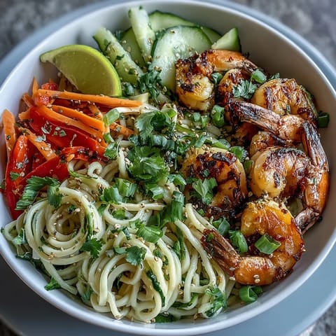 Grilled shrimp and sesame noodles come together in a vibrant Asian bowl, topped with crisp vegetables and fresh herbs for a satisfying meal.  