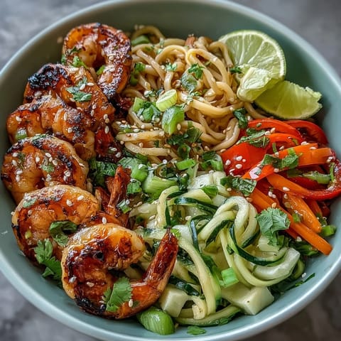 Succulent grilled shrimp rest on a bed of flavorful sesame noodles, surrounded by colorful julienned vegetables and zesty lime wedges.  