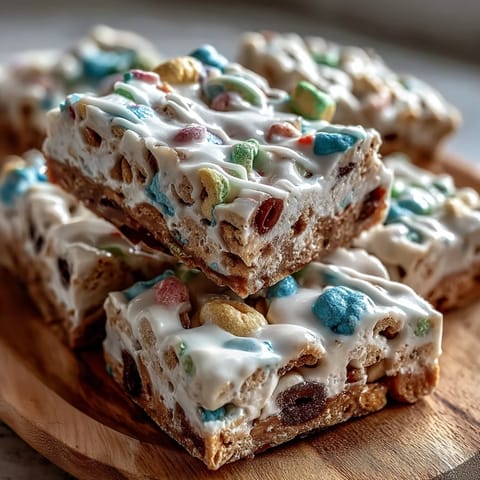 Vibrant St. Patricks Day platter featuring white chocolate Lucky Charms bark surrounded by green fruits and gold coins.