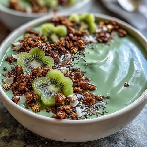Creamy green shamrock protein smoothie bowl topped with fresh kiwi slices and crunchy granola for a festive St. Patrick's Day breakfast.