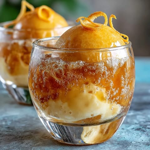 Refreshing Limoncello Sorbet Float with Sparkling Water in chilled glasses, garnished with lemon zest and mint.