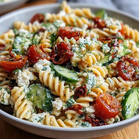 A vibrant Lemon Vinaigrette Pasta Salad with cucumbers and cherry tomatoes, perfect for summer picnics or light lunches.