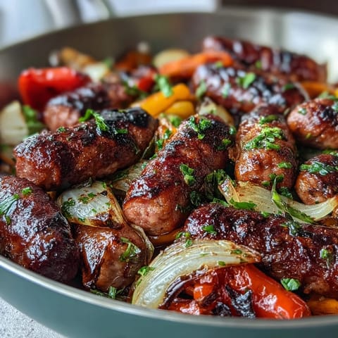 Sheet Pan Sausage and Peppers: juicy sausages roasted with colorful bell peppers and sweet onions, a hearty and easy one-pan dinner.