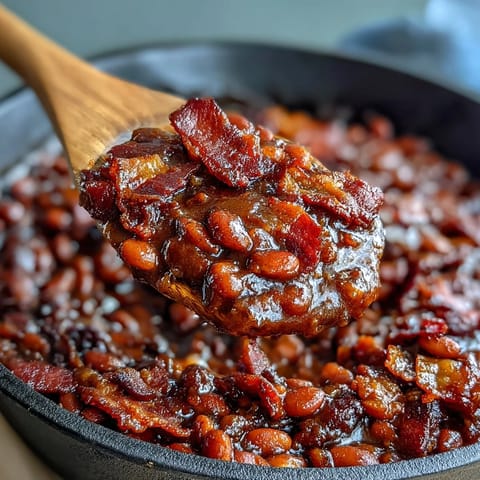Savory baked beans with bacon and brown sugar, bubbling hot from the oven with a glossy, smoky-sweet glaze.