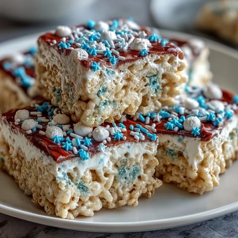 Layered red, white, and blue Rice Krispies treats with vibrant colors and sprinkles, perfect for a festive 4th of July dessert.