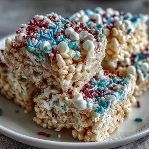 Chewy marshmallow Rice Krispies treats in patriotic red, white, and blue layers, topped with festive sprinkles for Independence Day.
